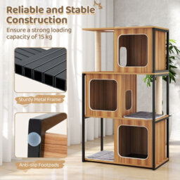 Costway Modern Cat Tree For Indoor Kittens Cat Tower House W/ Metal Frame-Natural - thumbnail 4