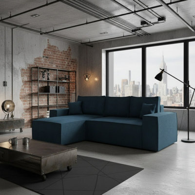 Malaga L Shaped Mdf Corner Sofa Bed With Storage Dl Pull Out Seat Loose Back Cushions 279X94X181 Turquoise Corduroy Left - image 1