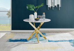 Furniturebox Novara White Marble Effect 100Cm Round Dining Table With Gold Starburst Legs & 4 Navy Velvet Pesaro Chairs - thumbnail 3