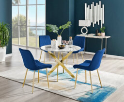 Furniturebox Novara White Marble Effect 100Cm Round Dining Table With Gold Starburst Legs & 4 Navy Velvet Pesaro Chairs