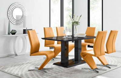 Furniturebox Imperia Black High Gloss 6 Seater Dining Table With Structural 2 Plinth Column Legs 6 Mustard Yellow Faux Leather Willow Chairs - image 1