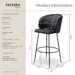 Tectake Bar Stool Luana - With Backrest, Velvet Look And Padded - Black/black, Set Of 2 - thumbnail 6