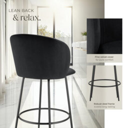 Tectake Bar Stool Luana - With Backrest, Velvet Look And Padded - Black/black, Set Of 2 - thumbnail 4