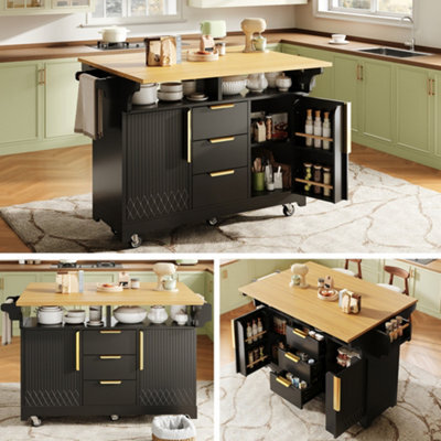 Btm Kitchen Island With Movable Dining Table Extension Vertical Groove Cabinets Large Drawer Storage Fold Out Top - image 1