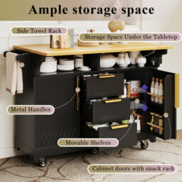 Btm Kitchen Island With Movable Dining Table Extension Vertical Groove Cabinets Large Drawer Storage Fold Out Top - thumbnail 2