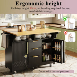 Btm Kitchen Island With Movable Dining Table Extension Vertical Groove Cabinets Large Drawer Storage Fold Out Top - thumbnail 3