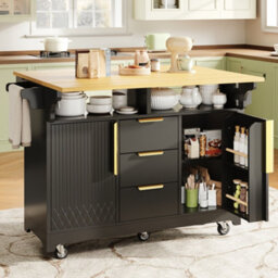 Btm Kitchen Island With Movable Dining Table Extension Vertical Groove Cabinets Large Drawer Storage Fold Out Top - thumbnail 4