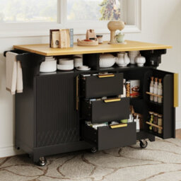 Btm Kitchen Island With Movable Dining Table Extension Vertical Groove Cabinets Large Drawer Storage Fold Out Top - thumbnail 5