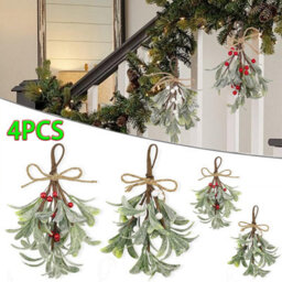 CLEFFNS 4Pcs Christmas Artificial Mistletoe Ornament, Snowy Frosted Mistletoe Christmas Decoration With Berry Mistletoe Hanging Decoration - thumbnail 1