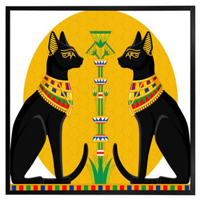 "Andrew Lee Illustration Of Black Egyptian Cats With Papyrus (Picutre Frame) / 20X20"" / Oak" - image 1