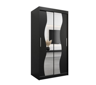 Arte Madrid Contemporary 2 Mirrored Sliding Door Wardrobe 5 Shelves 2 Rails Black Matt (H)2000mm (W)1000mm (D)620mm - image 1