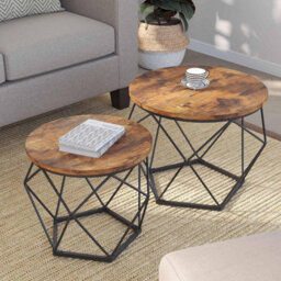 Set Of 2 Rustic Industrial Round Nesting Side Tables Metal Geometric Base & Wooden Top Space Saving End Tables For Living Room - thumbnail 2