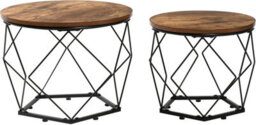 Set Of 2 Rustic Industrial Round Nesting Side Tables Metal Geometric Base & Wooden Top Space Saving End Tables For Living Room - thumbnail 6