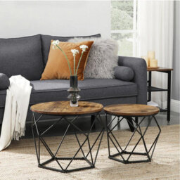 Set Of 2 Rustic Industrial Round Nesting Side Tables Metal Geometric Base & Wooden Top Space Saving End Tables For Living Room - thumbnail 3
