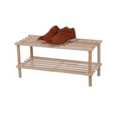 2 Tier Natural Wooden Shoe Rack Footwear Storage Organiser Slated Racking Shelf Trainers Multi Purpose Storing Easy To Assemble - image 1