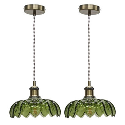 First Choice Lighting Set Of 2 Alice - Green Leaf Pendant Shades With Antique Brass Flex Set - image 1