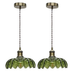 First Choice Lighting Set Of 2 Alice - Green Leaf Pendant Shades With Antique Brass Flex Set - thumbnail 1