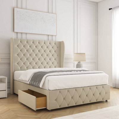 Bsspoke Faye Divan Bed Set Cream Plush Velvet With 54Inch Headboard & Footboard 2 Drawers Footend & Mattress In All Sizes - image 1