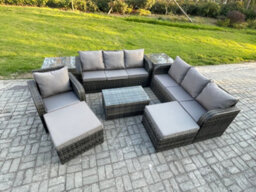 Fimous 9 Seater Rattan Lounge Sofa Set Outdoor Garden Furniture Set With Rectangular Coffee Table Side Tables - thumbnail 2