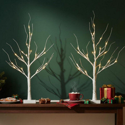 Olsen & Smith Set Of 2 Pre Lit White Birch Twig Trees, 24 Warm White Led Lights, Battery Operated, Tabletop Indoor Christmas Decor - image 1