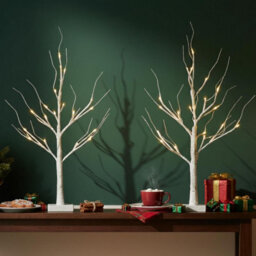 Olsen & Smith Set Of 2 Pre Lit White Birch Twig Trees, 24 Warm White Led Lights, Battery Operated, Tabletop Indoor Christmas Decor