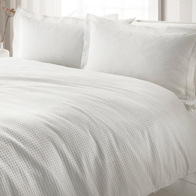 The Linen Yard Waffle Textured 100% Cotton Duvet Cover Set, Super King, White - image 1