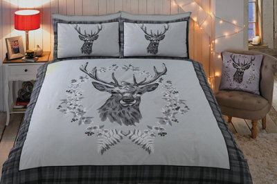Rapport Home Angus Stag Check Cotton Duvet Cover Set Double Grey