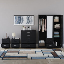 Lassic Vida Designs Riano 4 Piece Bedroom Set (2 Drawer Bedside Chest, 5 Drawer Chest, 3 Door 2 Drawer Mirrored Wardrobe), Black - thumbnail 2