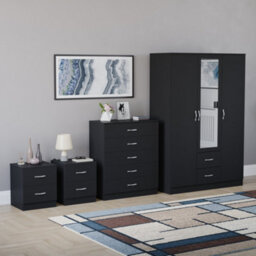 Lassic Vida Designs Riano 4 Piece Bedroom Set (2 Drawer Bedside Chest, 5 Drawer Chest, 3 Door 2 Drawer Mirrored Wardrobe), Black - thumbnail 6