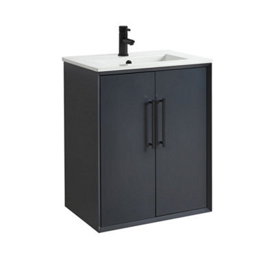 Homestylestore Anthracite 610mm Wall Hung Bathroom Vanity Unit With Basin And Black T Bar Handle - image 1