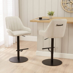 The Furniture Market Cooper Natural Linen Fabric Height Adjustable Bar Stool Swivel 360 Black Satin Base Flute Back Design Kitchen & Bar Top Use - thumbnail 3