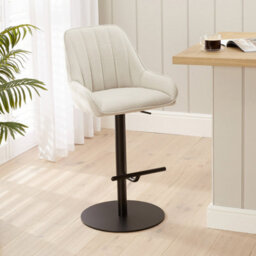 The Furniture Market Cooper Natural Linen Fabric Height Adjustable Bar Stool Swivel 360 Black Satin Base Flute Back Design Kitchen & Bar Top Use
