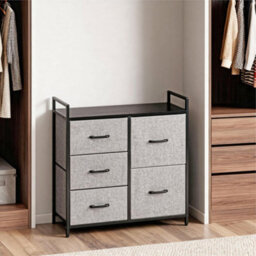 5 Drawer Chest Of Drawers With Handles Fabric Storage Unit With Wood Top And Metal Frame Freestanding Bedroom Black - thumbnail 6