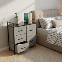 5 Drawer Chest Of Drawers With Handles Fabric Storage Unit With Wood Top And Metal Frame Freestanding Bedroom Black - thumbnail 3