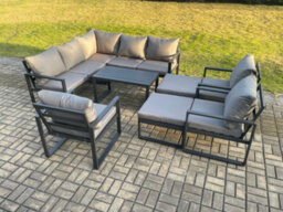 Fimous 10 Seater Aluminium Outdoor Garden Furniture Set Patio Lounge Sofa With Oblong Coffee Table Chair 2 Big Footstools - thumbnail 2