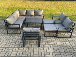 Fimous 10 Seater Aluminium Outdoor Garden Furniture Set Patio Lounge Sofa With Oblong Coffee Table Chair 2 Big Footstools - thumbnail 1