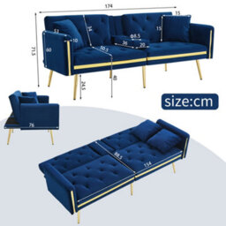 Matteo Velvet Two-Seater Sofa Bed With Adjustable Backrest And Cup Holders - Blue - thumbnail 3