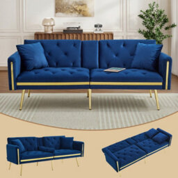 Matteo Velvet Two-Seater Sofa Bed With Adjustable Backrest And Cup Holders - Blue - thumbnail 1