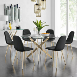 Furniturebox Uk Novara Gold Metal Large Round Dining Table And 6 Black Corona Gold Chairs Set - thumbnail 1