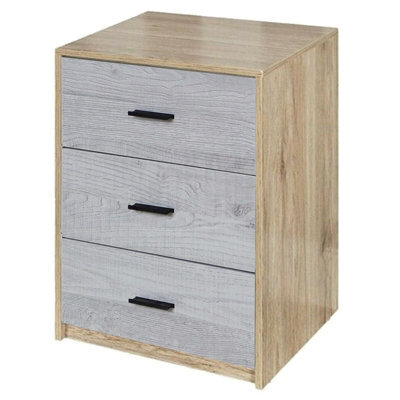 Urbn-Living Urbnliving Height 56Cm 3 Drawer Wooden Bedroom Bedside Cabinet Furniture Oak Carcass And Grey Oak Drawers Storage Nightstand - image 1