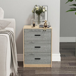 Urbn-Living Urbnliving Height 56Cm 3 Drawer Wooden Bedroom Bedside Cabinet Furniture Oak Carcass And Grey Oak Drawers Storage Nightstand - thumbnail 3