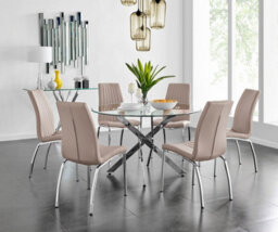 Furniturebox Uk Novara Chrome Metal And Glass Large Round Dining Table And 6 Cappuccino Beige Isco Chairs Set - thumbnail 1