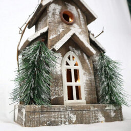 Shatchi Christmas Decoation Battery Operated Wooden House Tabletop Decorated With Berries, Pines And Small Warm White Bulbs - thumbnail 2
