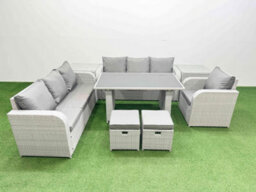 Fimous Rattan Garden Furniture Dining Set 9-Seater Patio Rectangular Table Sofa Set With 2 Side Tables 2 Small Stools Light Grey - thumbnail 2