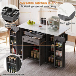 Btm 129X46(71)X91Cm Kitchen Island On Wheels, Foldable Top, Storage Cabinet, 2 Drawers - thumbnail 4