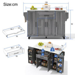 Btm 129X46(71)X91Cm Kitchen Island On Wheels, Foldable Top, Storage Cabinet, 2 Drawers - thumbnail 7