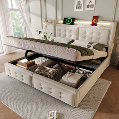 Merax 4Ft6 Double Bed 135X190 Cm, Linen Upholstered Bed With Led Lights, Usb & Type-C, Headboard, Hydraulic Storage, Beige - image 1