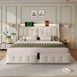 Merax 4Ft6 Double Bed 135X190 Cm, Linen Upholstered Bed With Led Lights, Usb & Type-C, Headboard, Hydraulic Storage, Beige - thumbnail 2