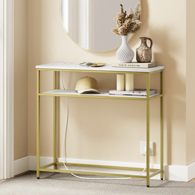 Console Table Narrow With 2 Shelves, 2 Eu Sockets, Usb-A & Usb-C, Sobuy Fsb106-E-G, 80X30X75Cm - Gold Frame - image 1
