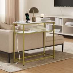 Console Table Narrow With 2 Shelves, 2 Eu Sockets, Usb-A & Usb-C, Sobuy Fsb106-E-G, 80X30X75Cm - Gold Frame - thumbnail 8